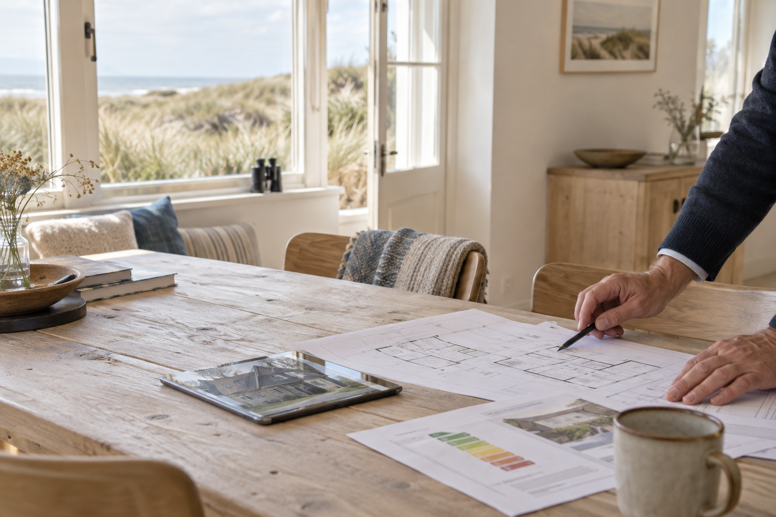 Technische documenten en plattegrond op tafel in een kustwoning