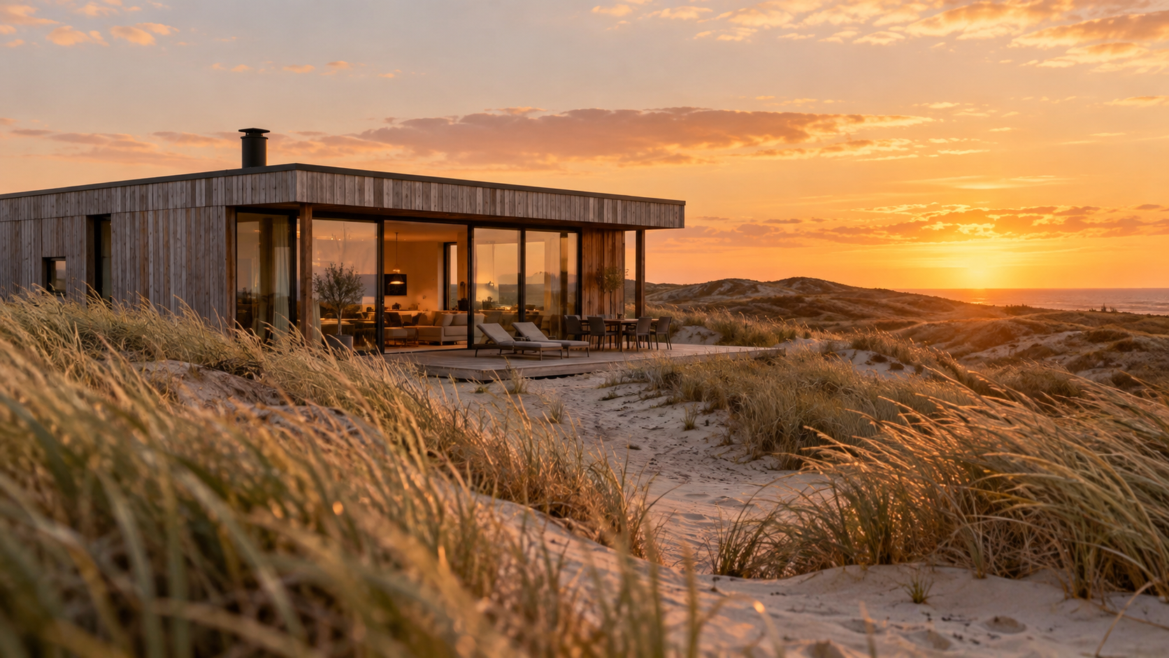 Woning op Texel bij zacht avondlicht